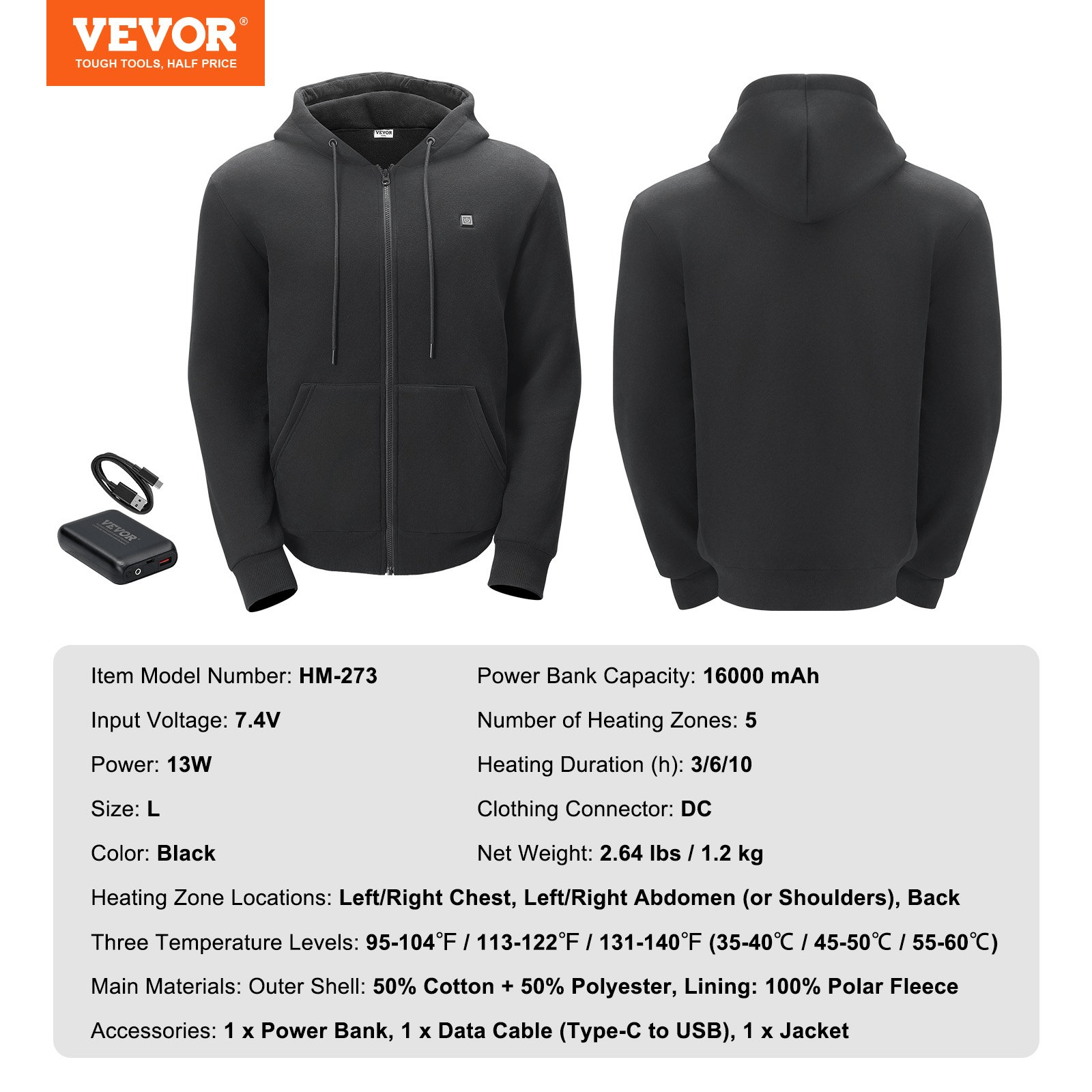 Unisex VEVOR Zip-Up Heated Hoodie - 3 Heat Levels & 10-Hour Warmth (Black, Size L)