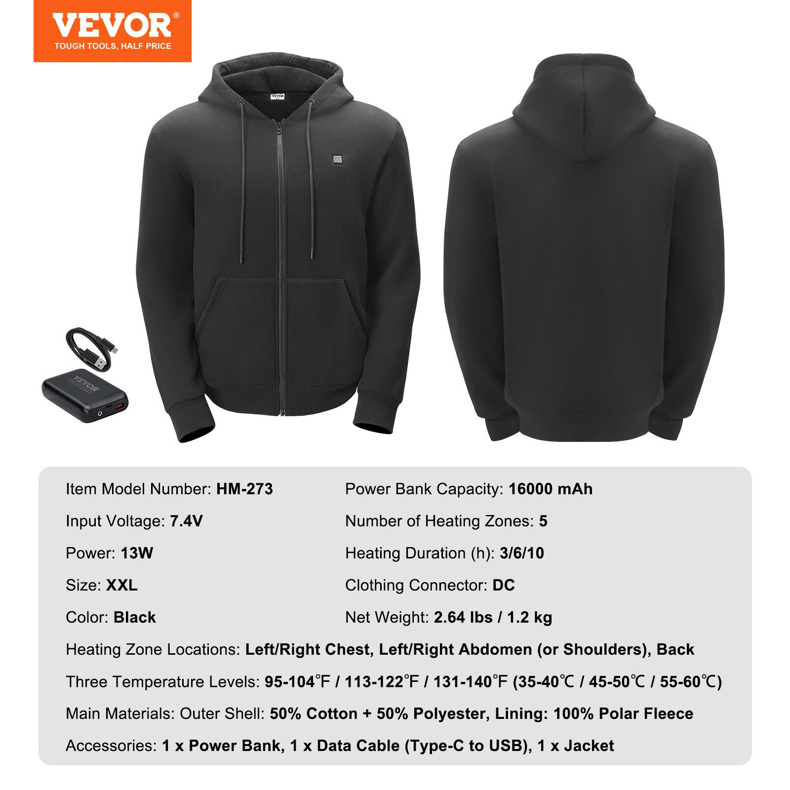 VEVOR Unisex Heated Hoodie with Battery, Zip-Up, 5 Heat Zones (Black, XXL)
