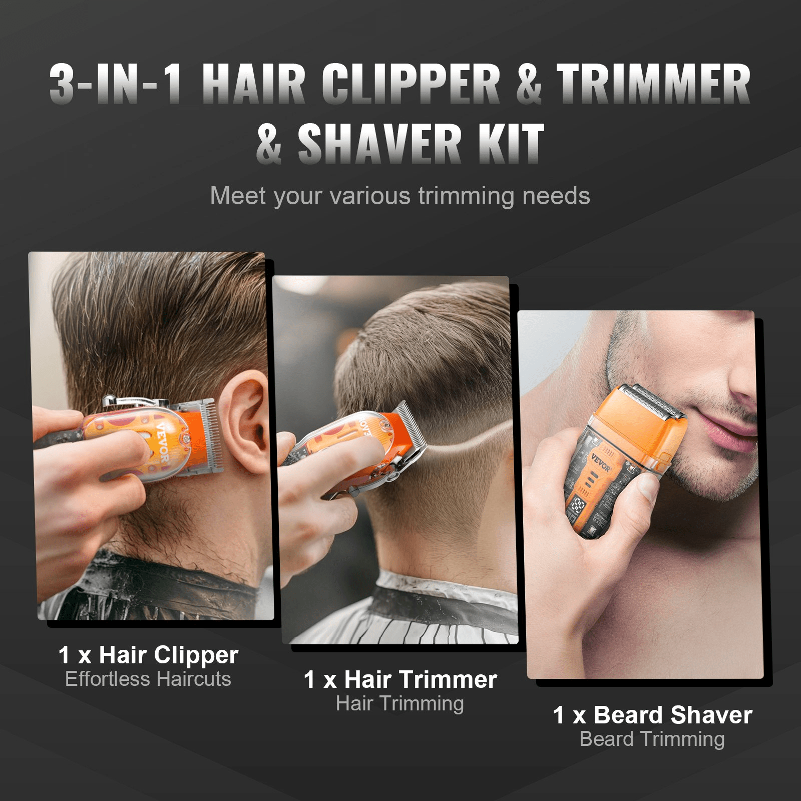 VEVOR 3-in-1 Hair Clipper Trimmer Shaver | USB Rechargeable Grooming Set