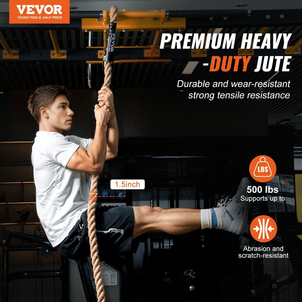 VEVOR 10FT Jute Gym Climbing Rope, 1.5 in, Heat-Shrink Ends, 500 lb Rating