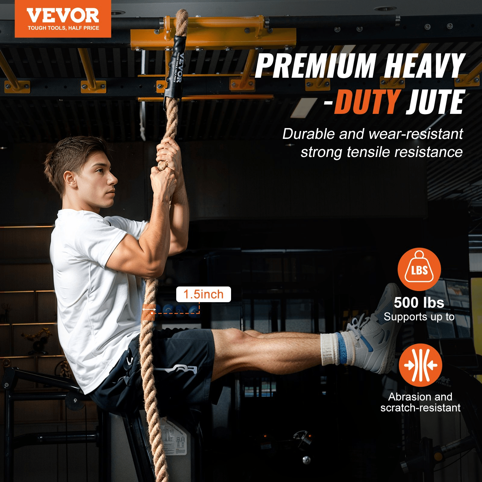 VEVOR 10FT Jute Gym Climbing Rope, 1.5 in, Heat-Shrink Ends, 500 lb Rating