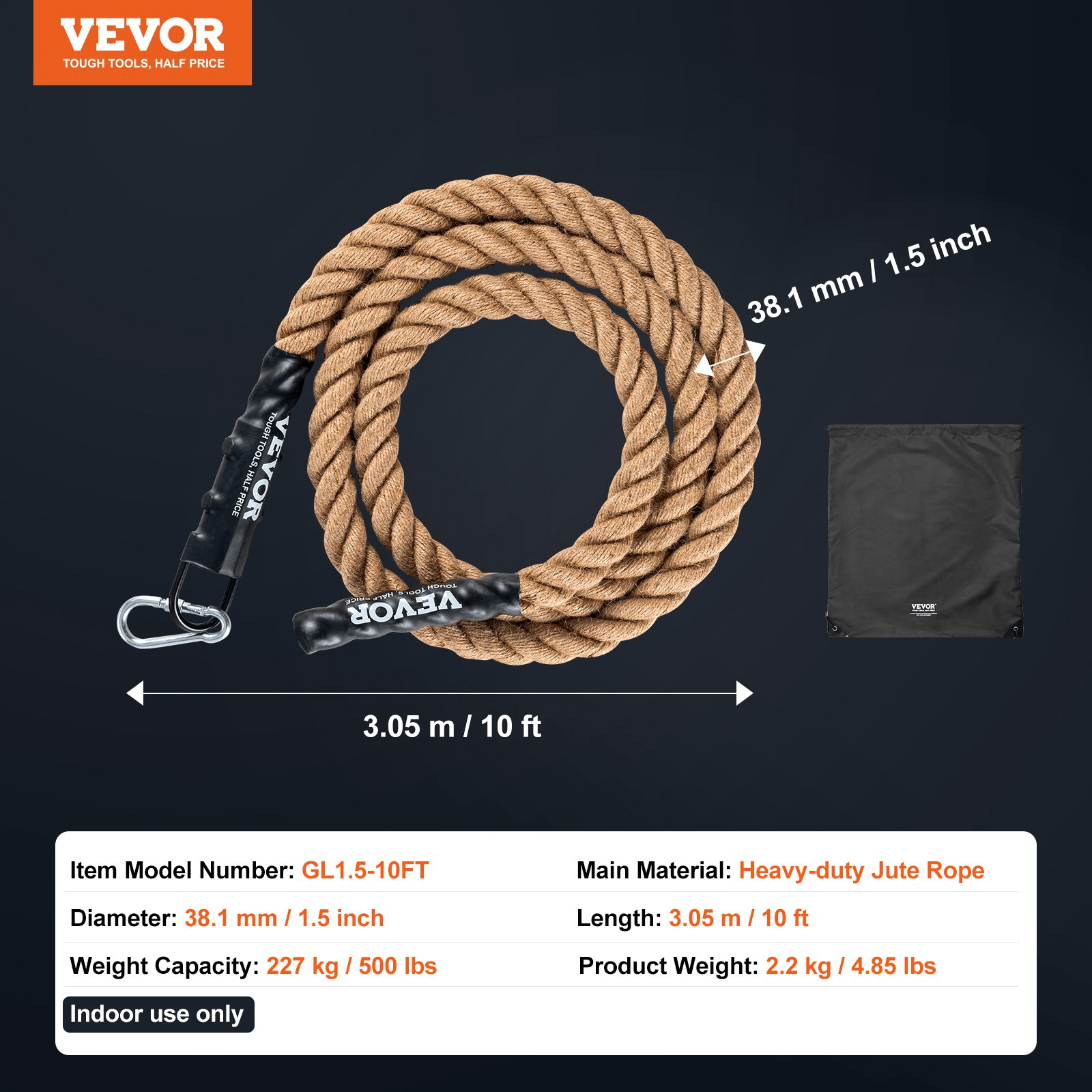 VEVOR 10FT Jute Gym Climbing Rope, 1.5 in, Heat-Shrink Ends, 500 lb Rating