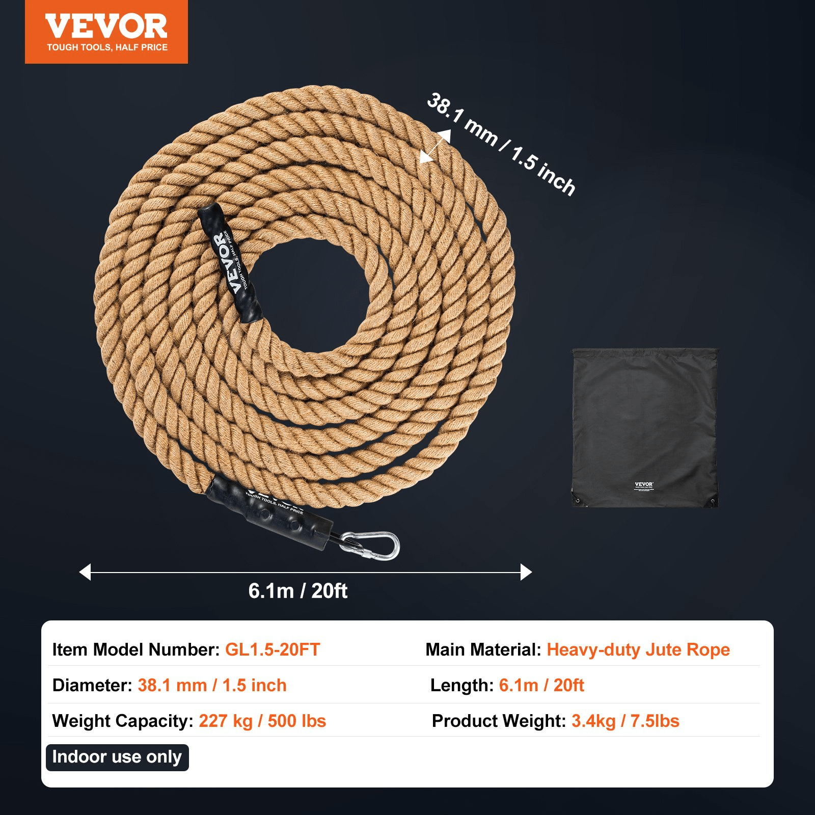 VEVOR 20FT Climbing Rope, 1.5in Jute with Heat-Shrink Ends | Home Gym Strength & Grip Trainer