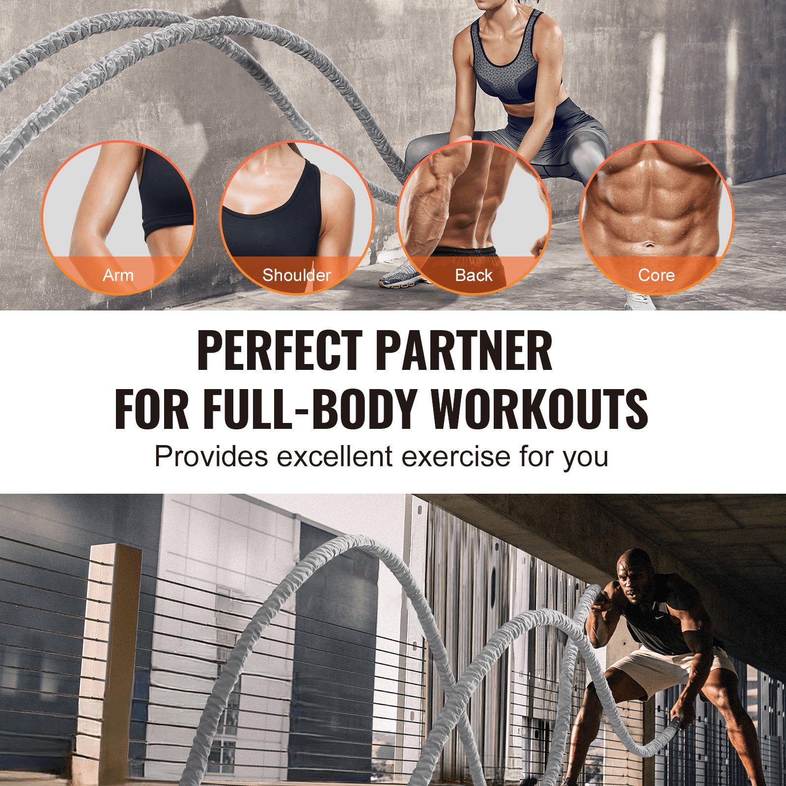 VEVOR Battle Rope 1.5 in x 30 ft for Strength & Conditioning