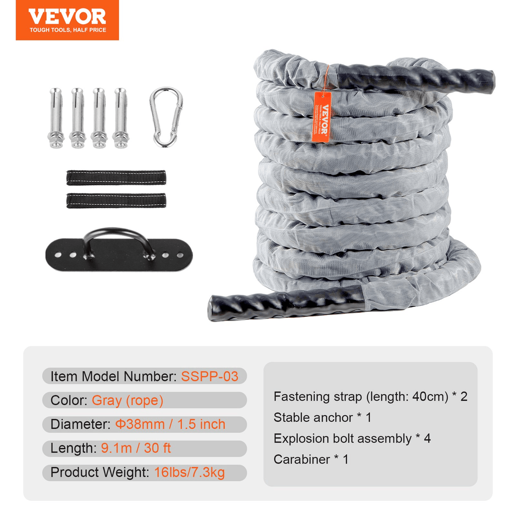 VEVOR Battle Rope 1.5 in x 30 ft for Strength & Conditioning