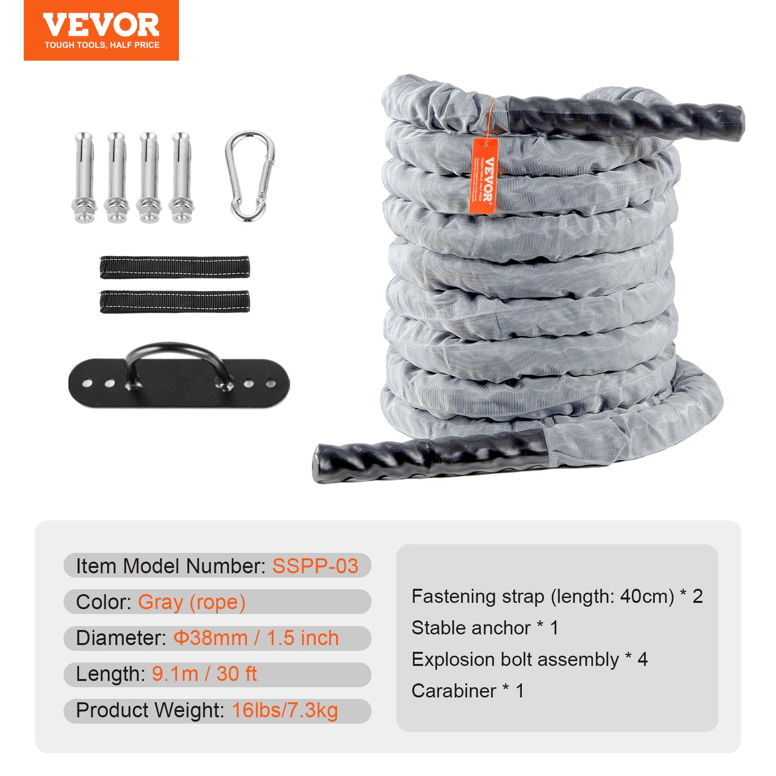 VEVOR Battle Rope 1.5 in x 30 ft for Strength & Conditioning