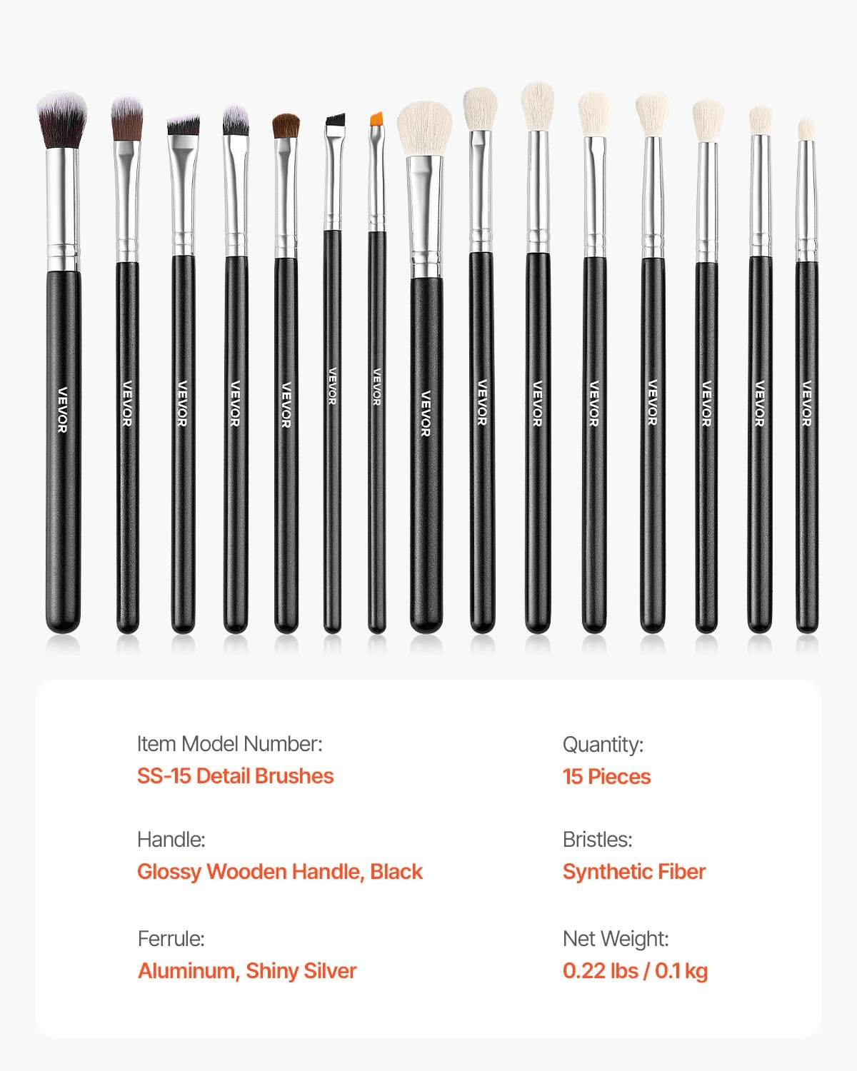 VEVOR Vegan Makeup Brush Set, 15-Piece Synthetic Kit