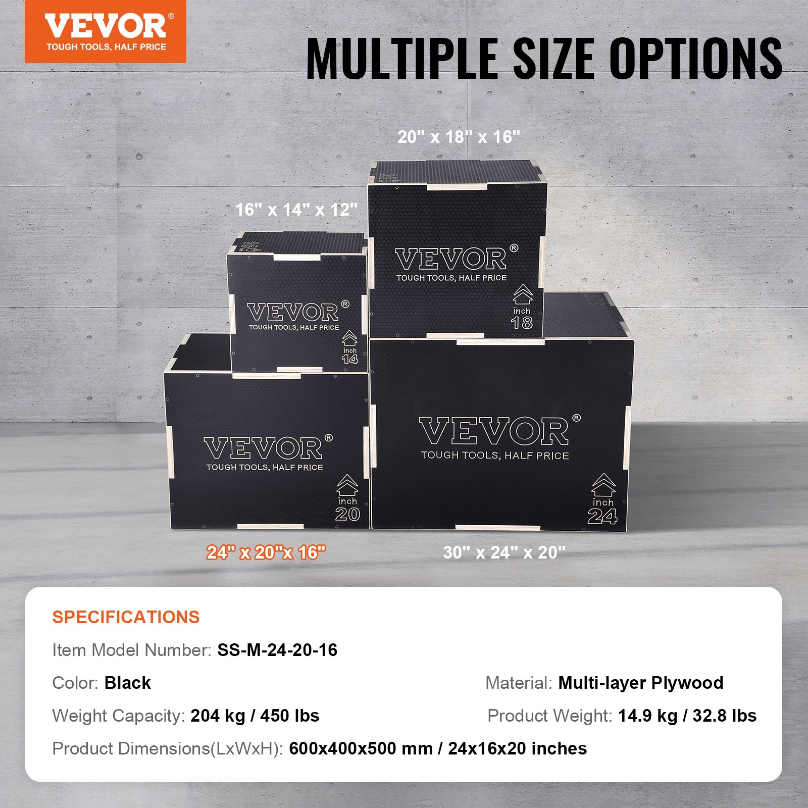 VEVOR Plyometric Jump Box 3-in-1 Wooden Plyo, 24/20/16"