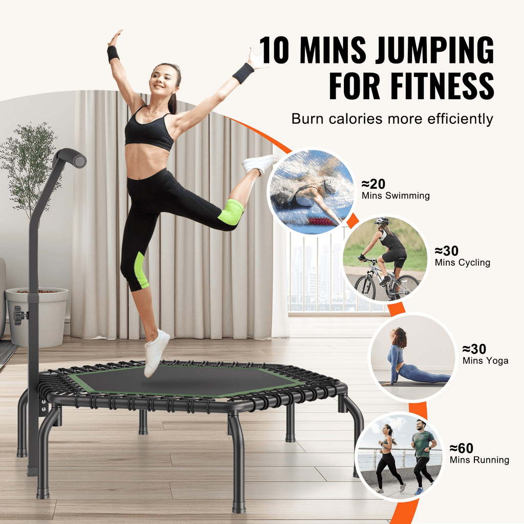 VEVOR Mini Fitness Trampoline for Adults, 54.5" Rebounder with Adjustable Handle, Quiet Bungee, 450 lb Capacity