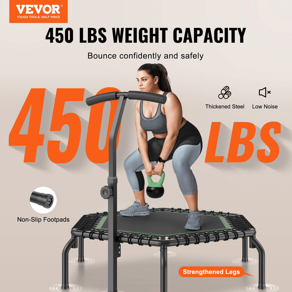 VEVOR Mini Fitness Trampoline for Adults, 54.5" Rebounder with Adjustable Handle, Quiet Bungee, 450 lb Capacity
