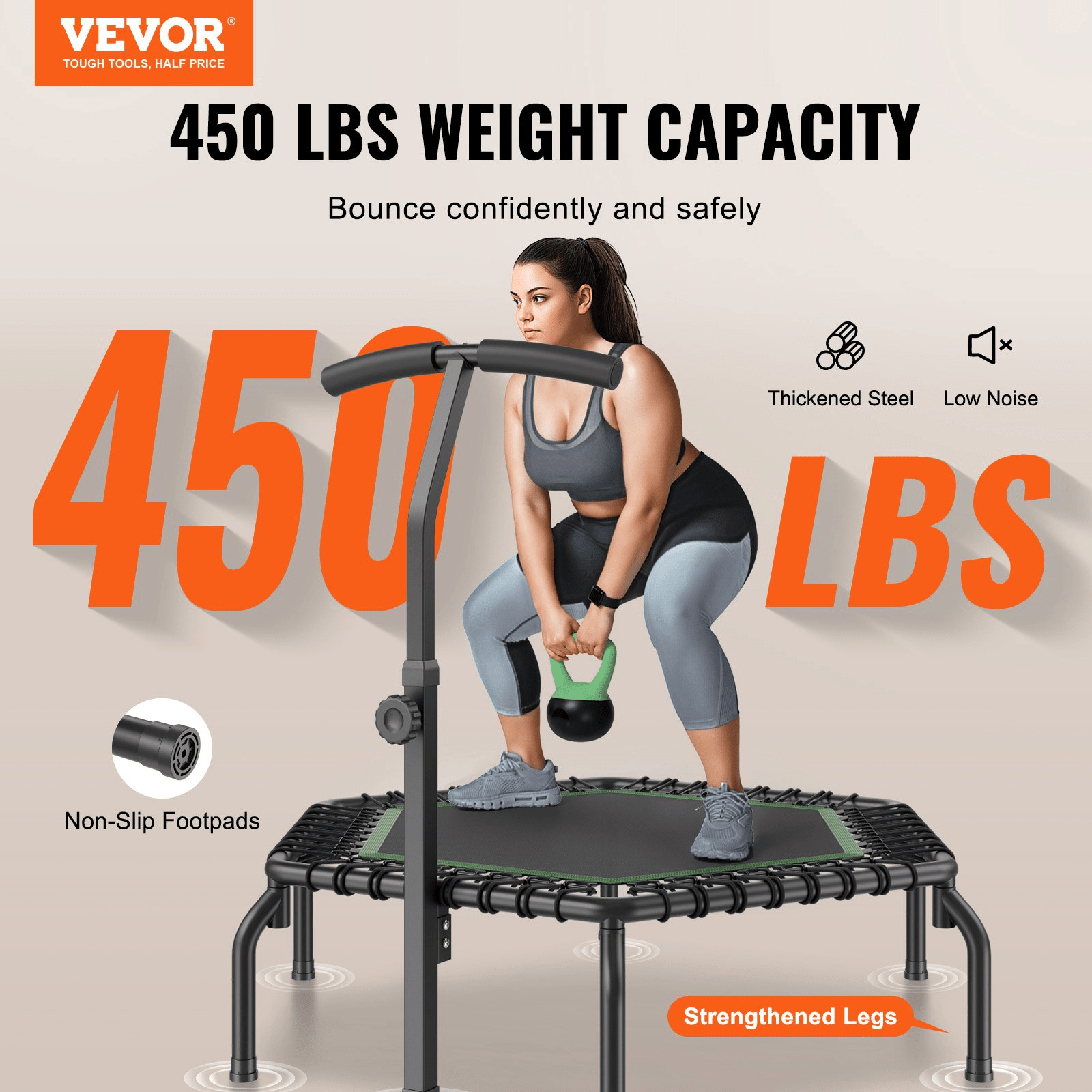 VEVOR Mini Fitness Trampoline for Adults, 54.5" Rebounder with Adjustable Handle, Quiet Bungee, 450 lb Capacity