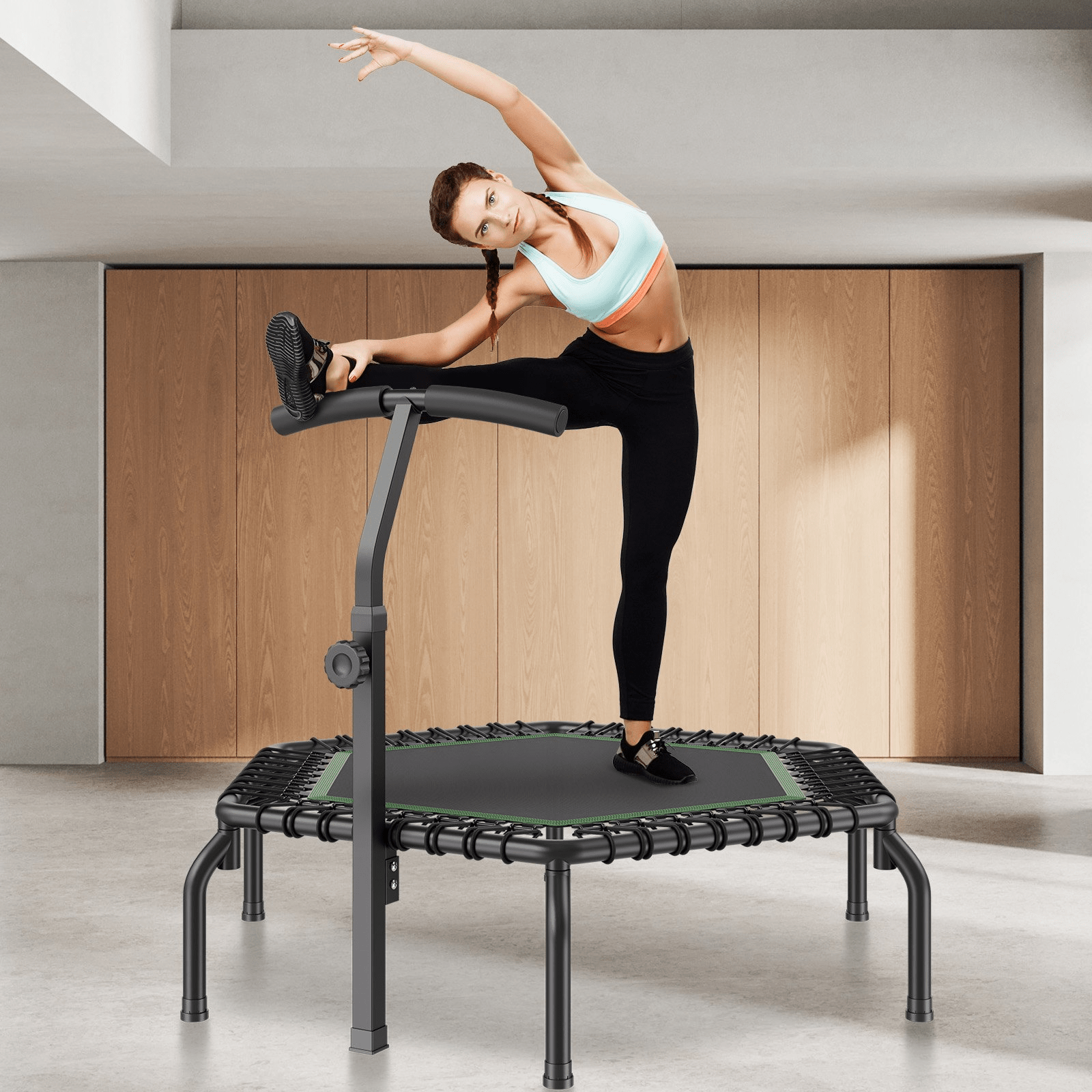 VEVOR Mini Fitness Trampoline for Adults, 54.5" Rebounder with Adjustable Handle, Quiet Bungee, 450 lb Capacity