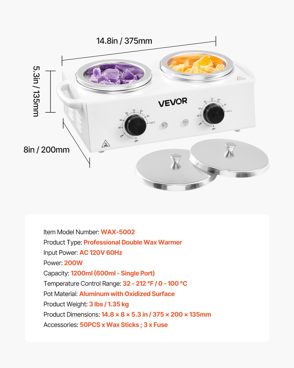 VEVOR Double Wax Warmer 1200ML Professional Dual Wax Heater Pot for Hair Removal