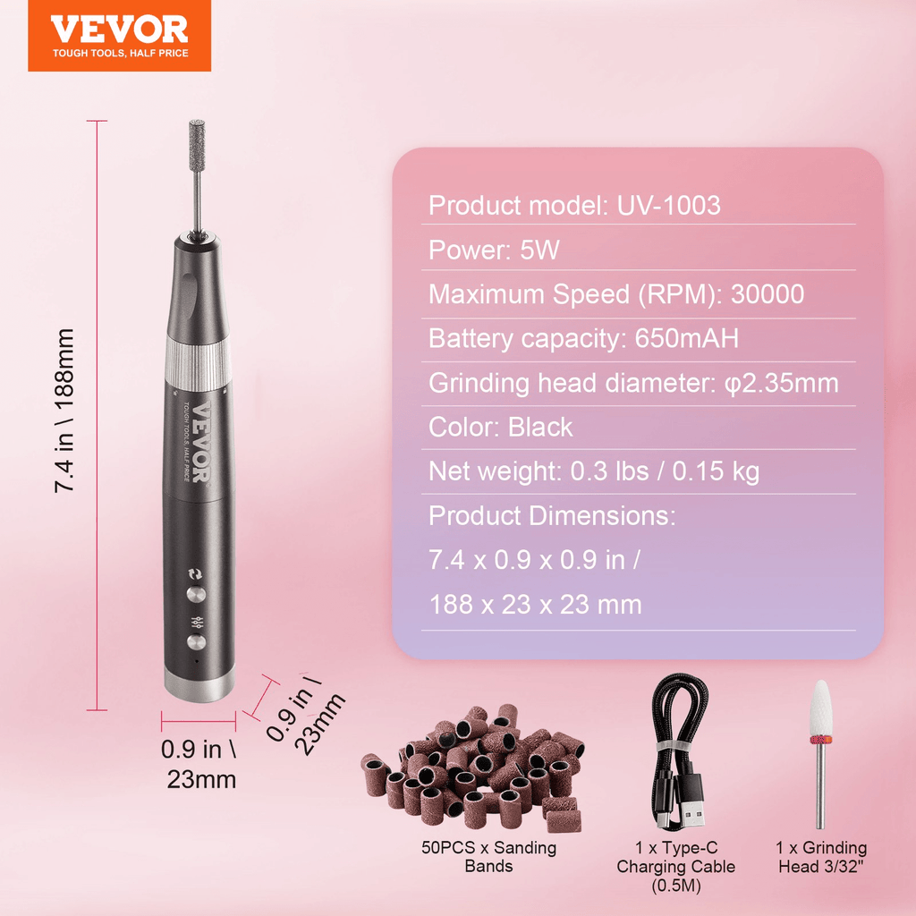 VEVOR Cordless Nail Drill, 30000 RPM E-File (UV-1003) – Quiet, Portable, Pro Precision