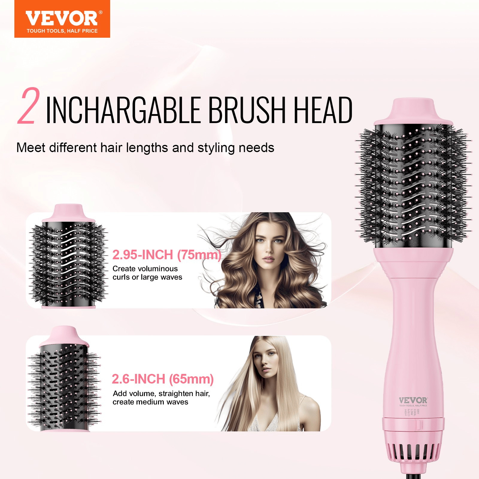 VEVOR Ionic Hair Dryer Brush with Dual Interchangeable Barrels