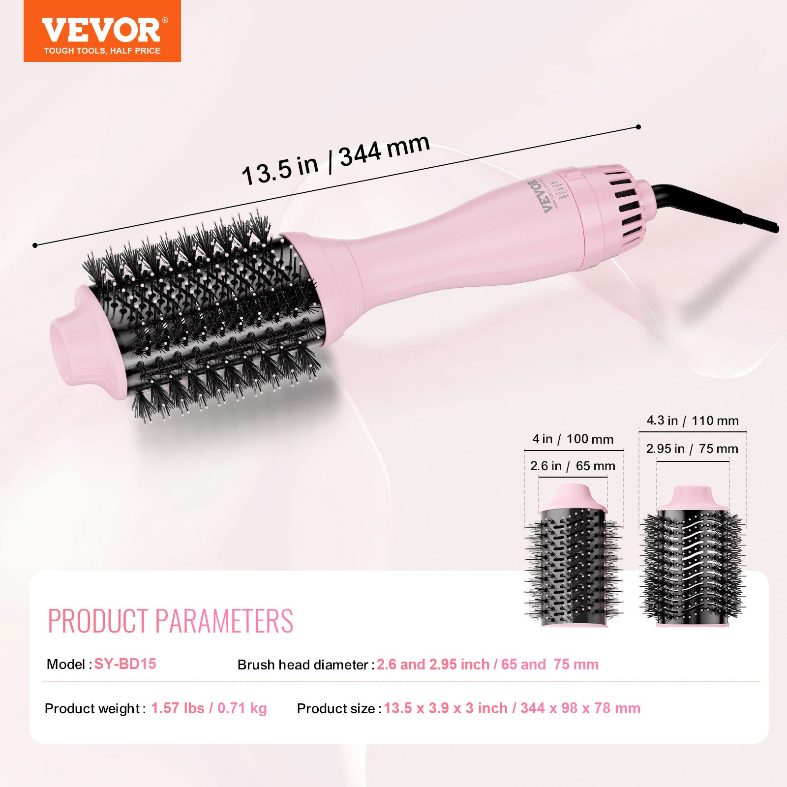 VEVOR Ionic Hair Dryer Brush with Dual Interchangeable Barrels
