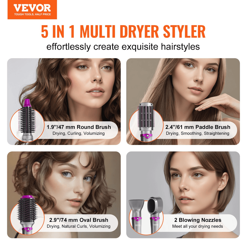 VEVOR Hair Dryer Brush 5‑in‑1 Hot Air Styler with Negative Ions