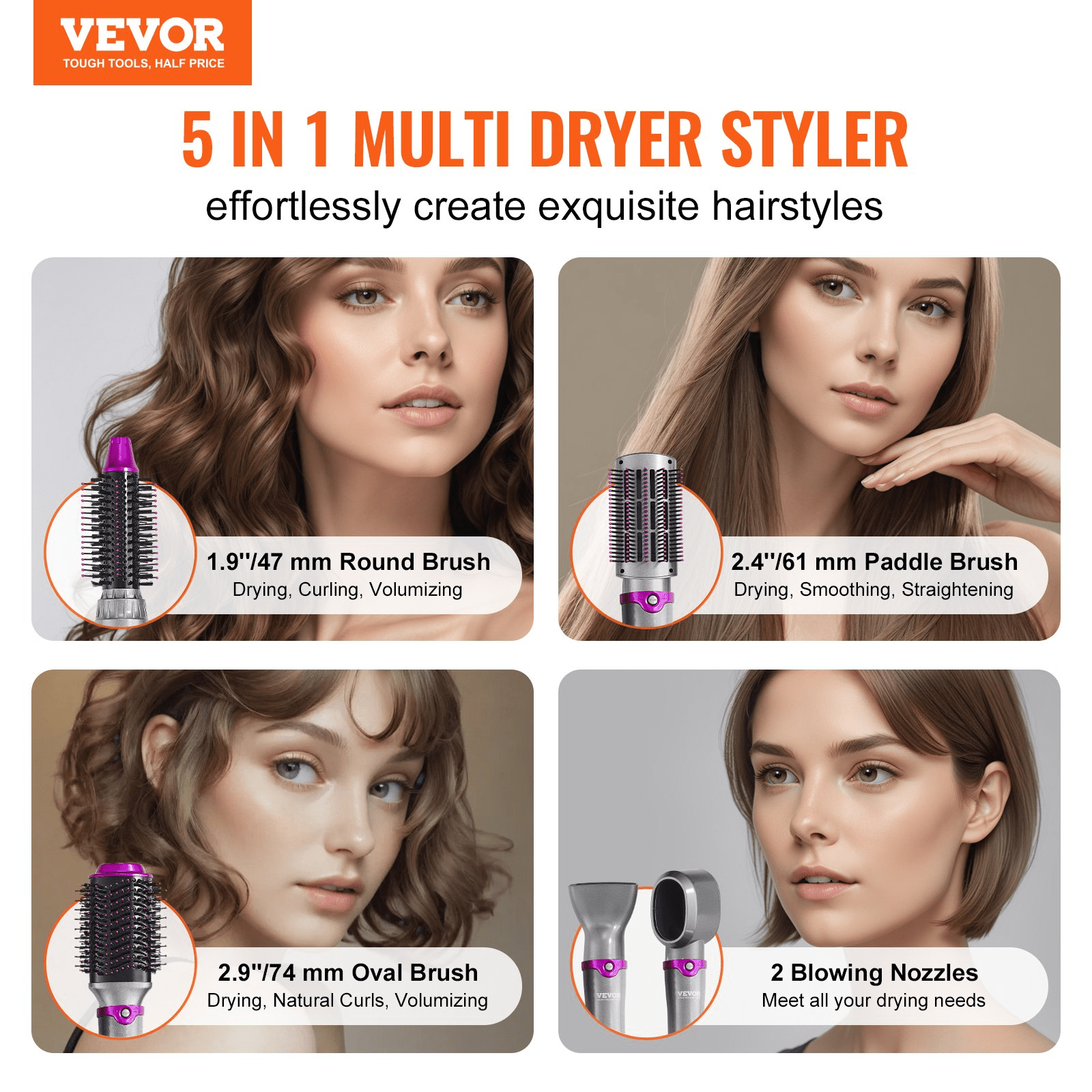 VEVOR Hair Dryer Brush 5‑in‑1 Hot Air Styler with Negative Ions