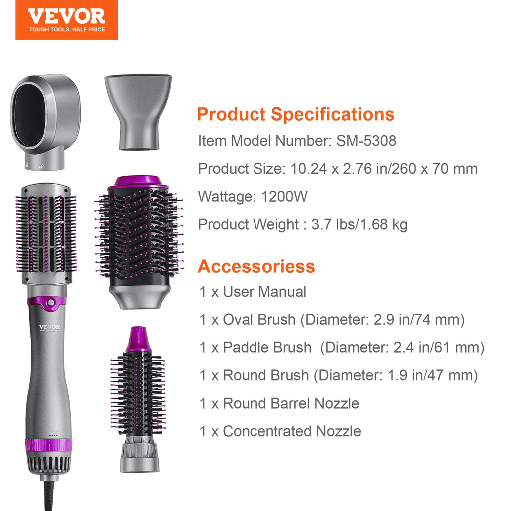 VEVOR Hair Dryer Brush 5‑in‑1 Hot Air Styler with Negative Ions