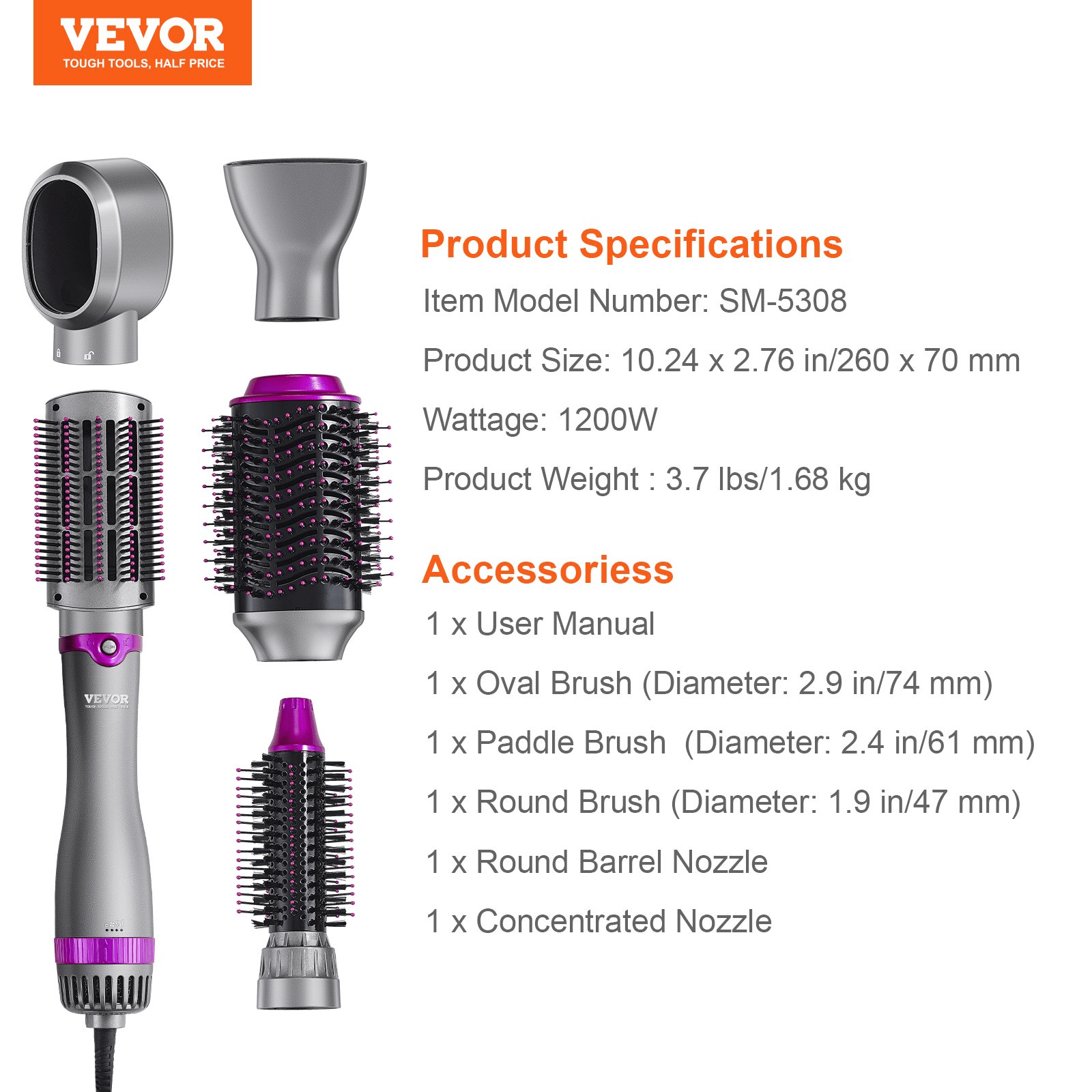 VEVOR Hair Dryer Brush 5‑in‑1 Hot Air Styler with Negative Ions