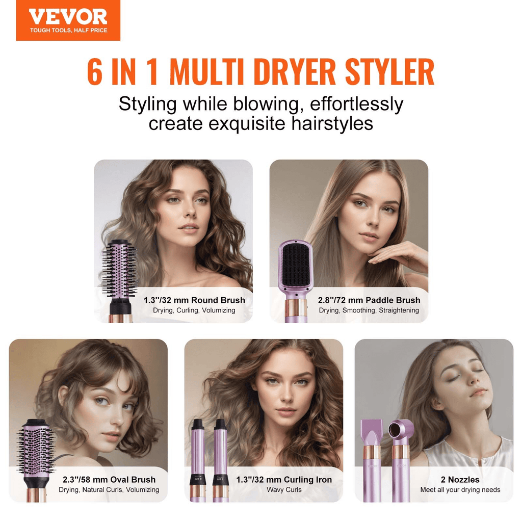 VEVOR Hair Dryer Brush – 6-in-1 Multi Hair Styler for Volumizing, Styling & Curling