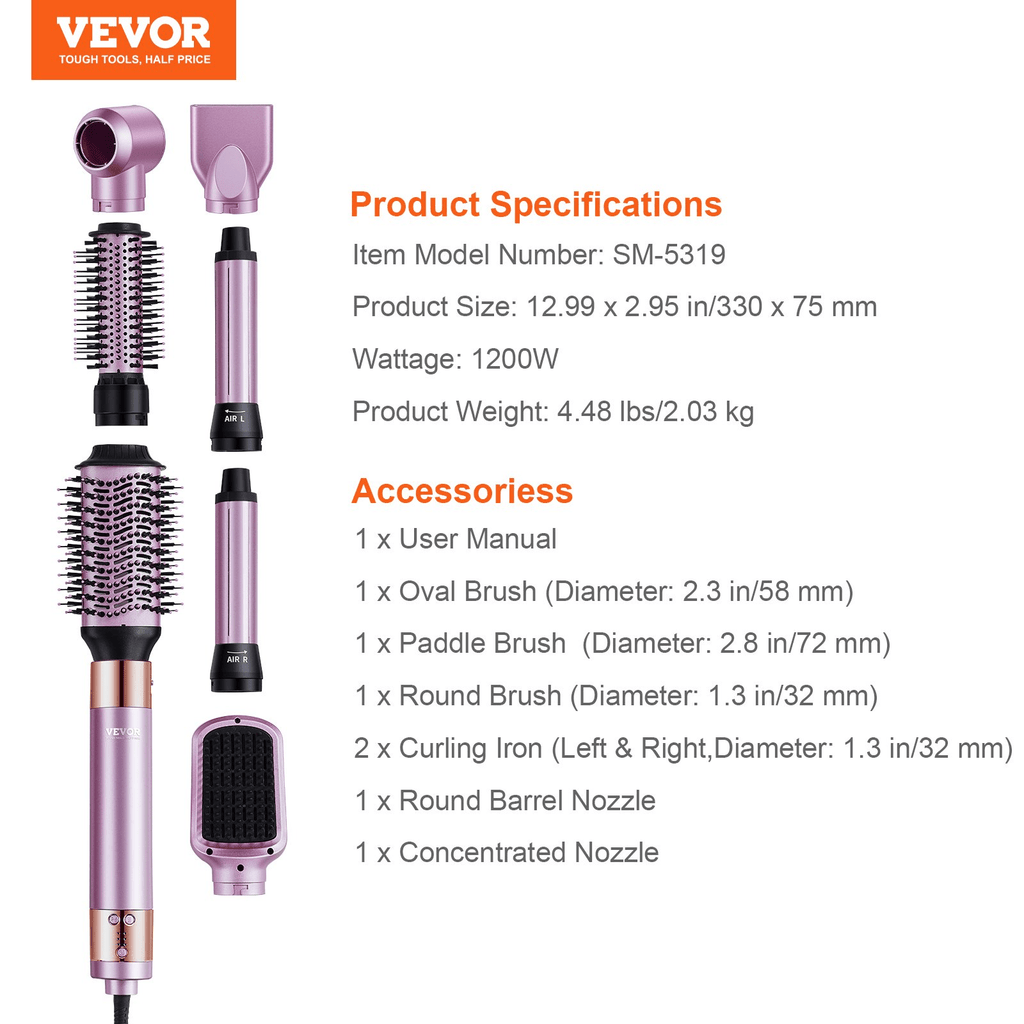 VEVOR Hair Dryer Brush – 6-in-1 Multi Hair Styler for Volumizing, Styling & Curling
