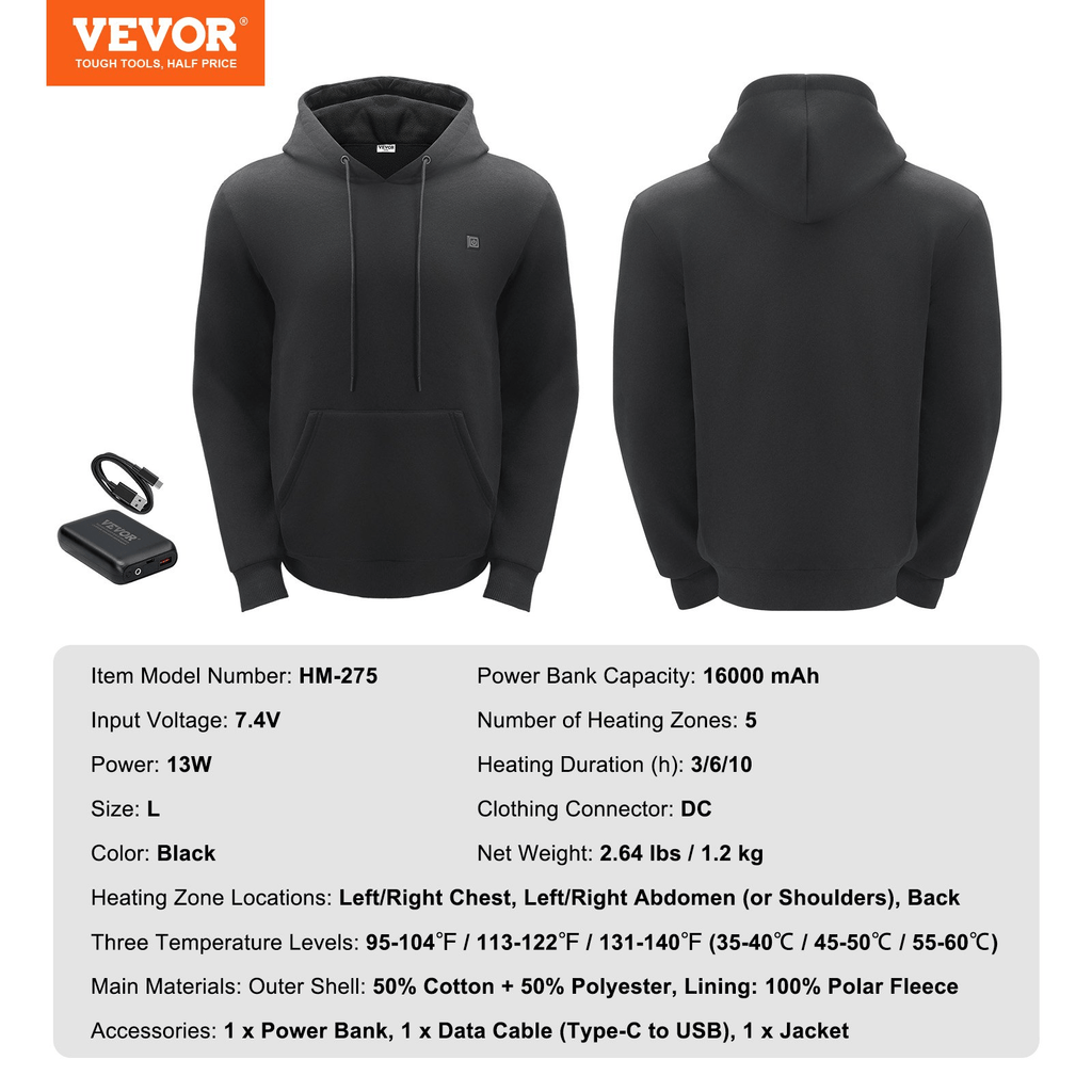 VEVOR Heated Hoodie - Best Heated Hoodie 2025, Black, Size L