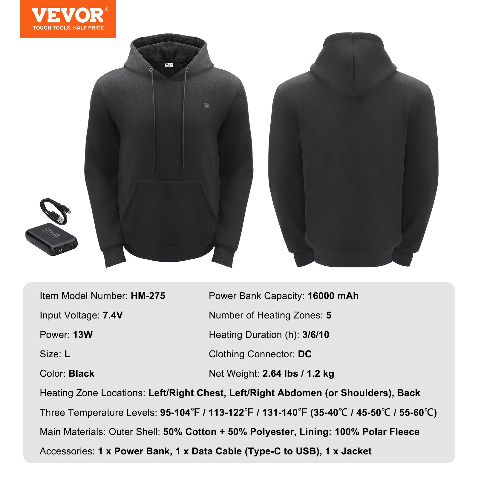 VEVOR Heated Hoodie - Best Heated Hoodie 2025, Black, Size L