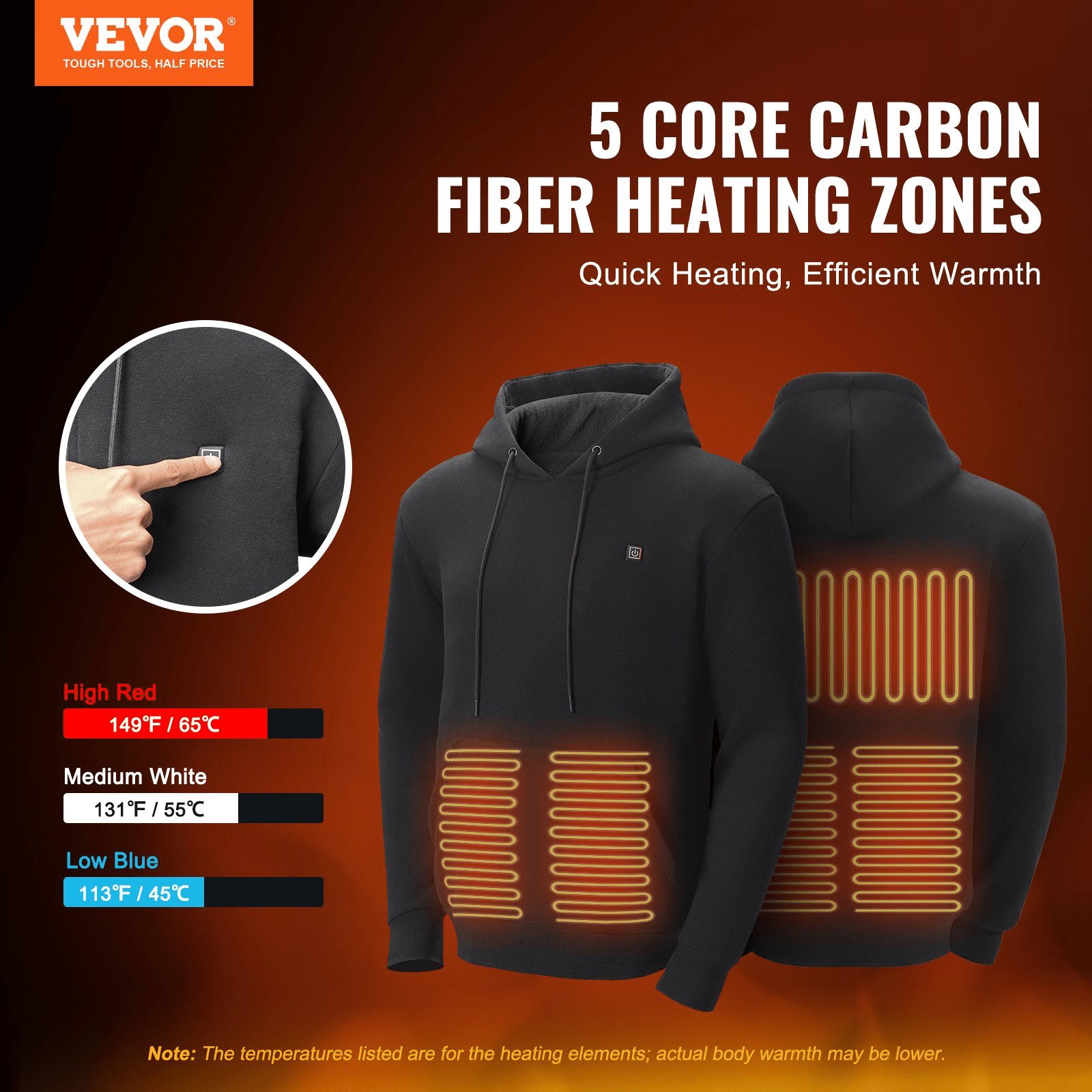 VEVOR Heated Hoodie, Unisex XXL Black with Battery