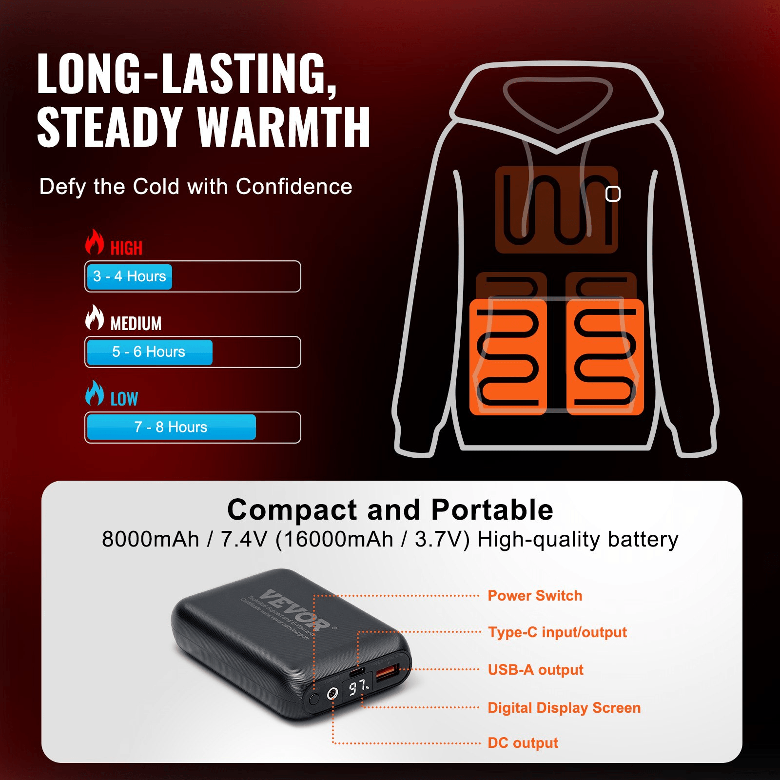 VEVOR Heated Hoodie Unisex with Battery - XL Size | Black