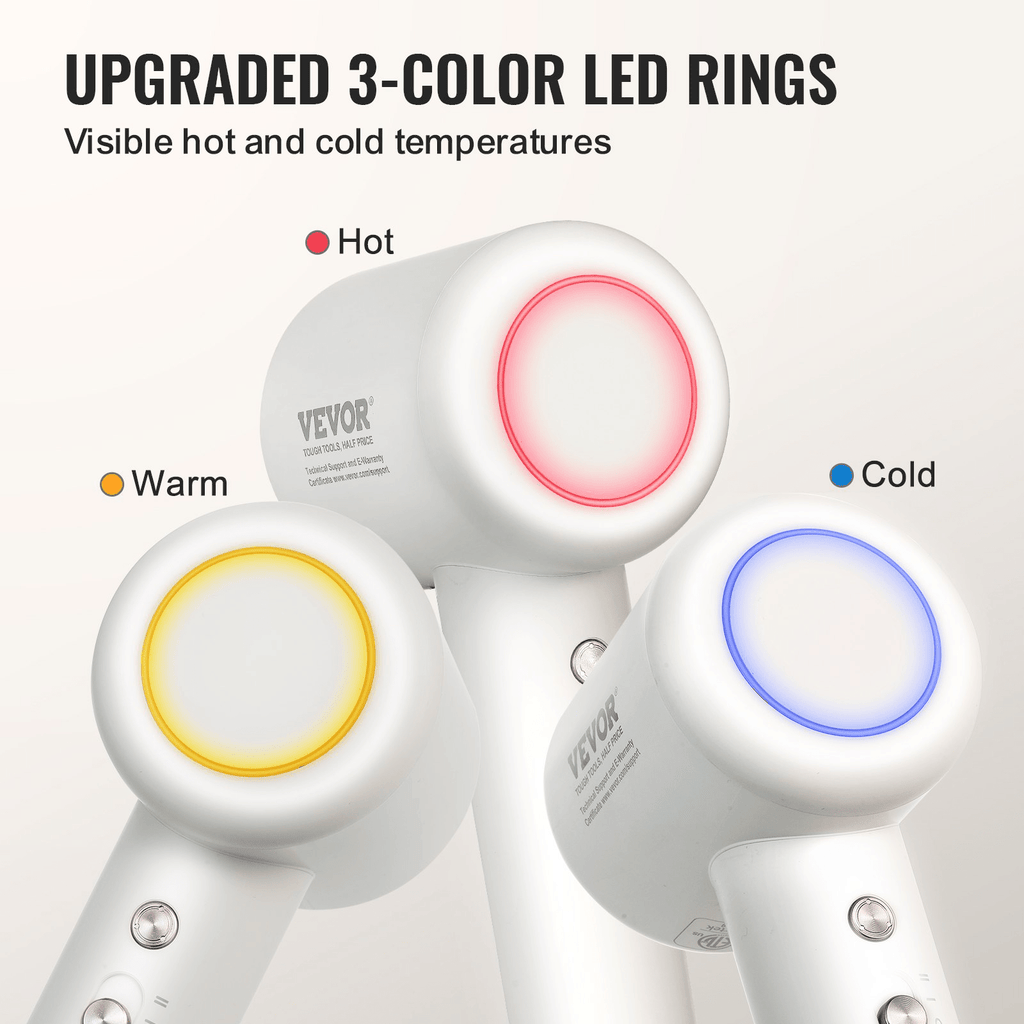 VEVOR High-Speed Hair Dryer with 102,000RPM Brushless Motor, 200 Million Negative Ions Hair Blow Dryer, 3-Color Temp LED Lights & 2 Speeds, Lightweight Hairdryer with Diffuser & Nozzle for Home Travel