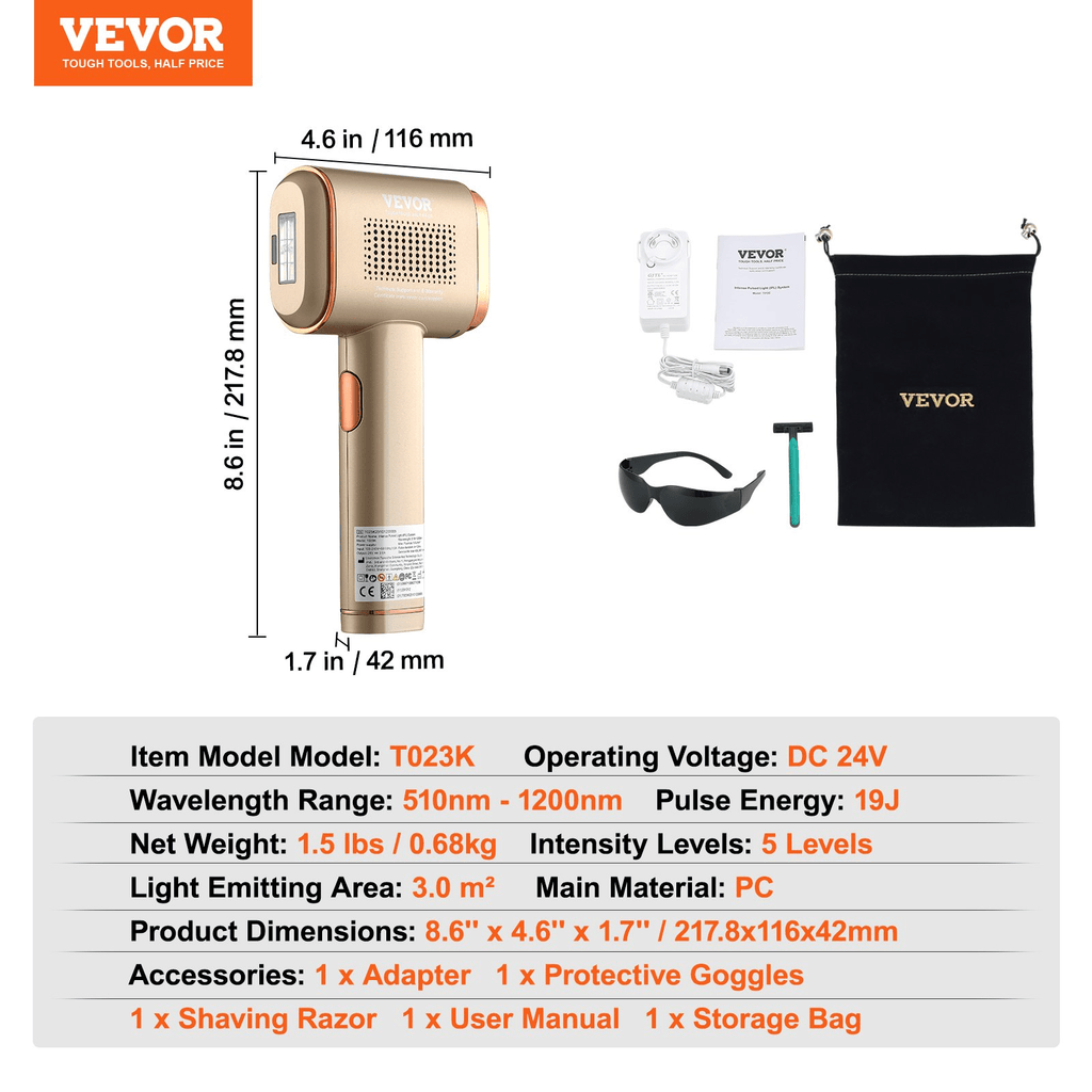 VEVOR IPL Hair Removal Device with Sapphire Ice Cooling, Auto/Manual Modes & 5 Levels for Body & Face