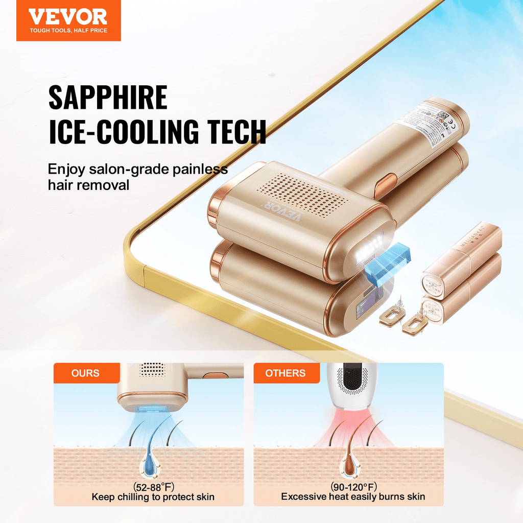 VEVOR IPL Hair Removal Device with Sapphire Ice Cooling, Auto/Manual Modes & 5 Levels for Body & Face