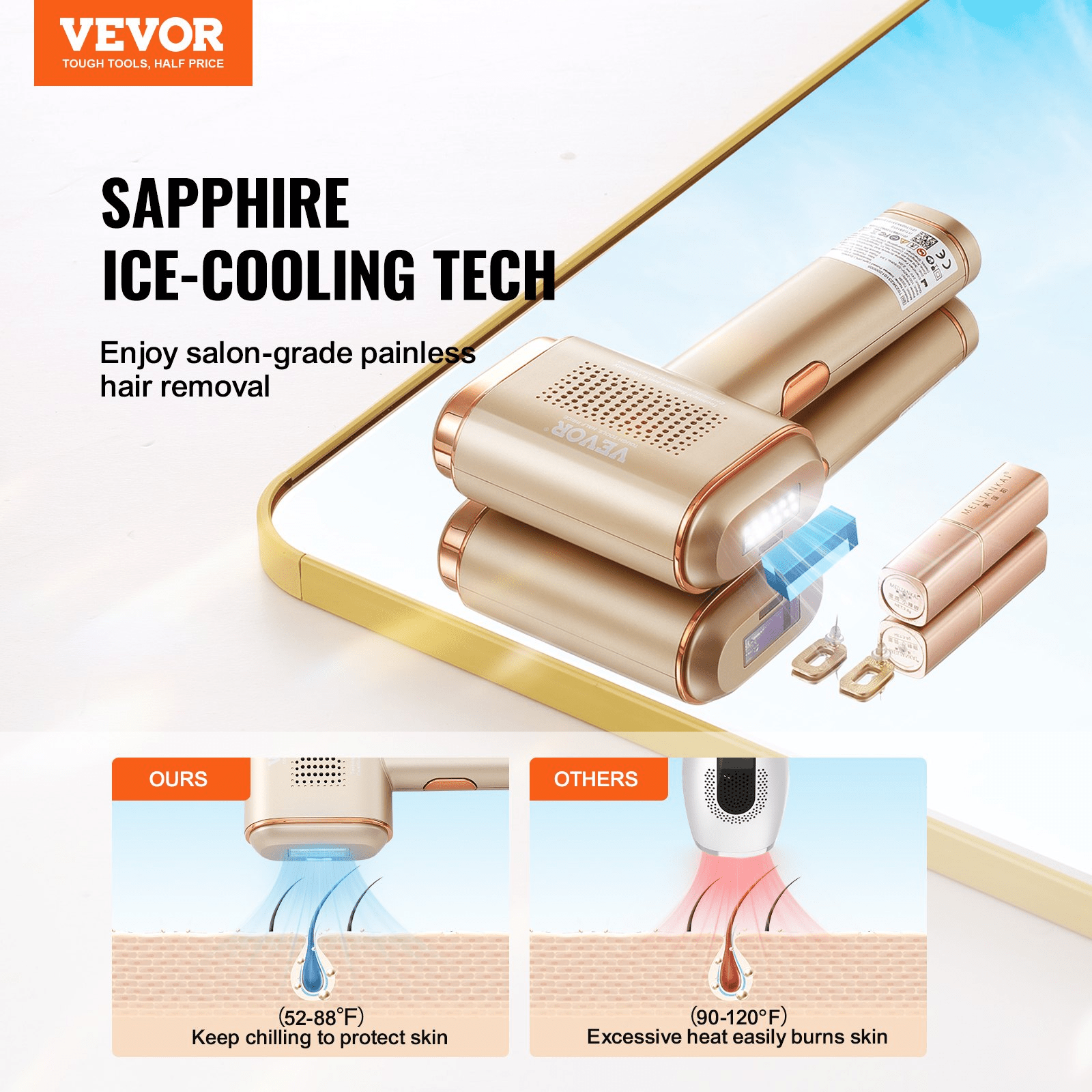 VEVOR IPL Hair Removal Device with Sapphire Ice Cooling, Auto/Manual Modes & 5 Levels for Body & Face
