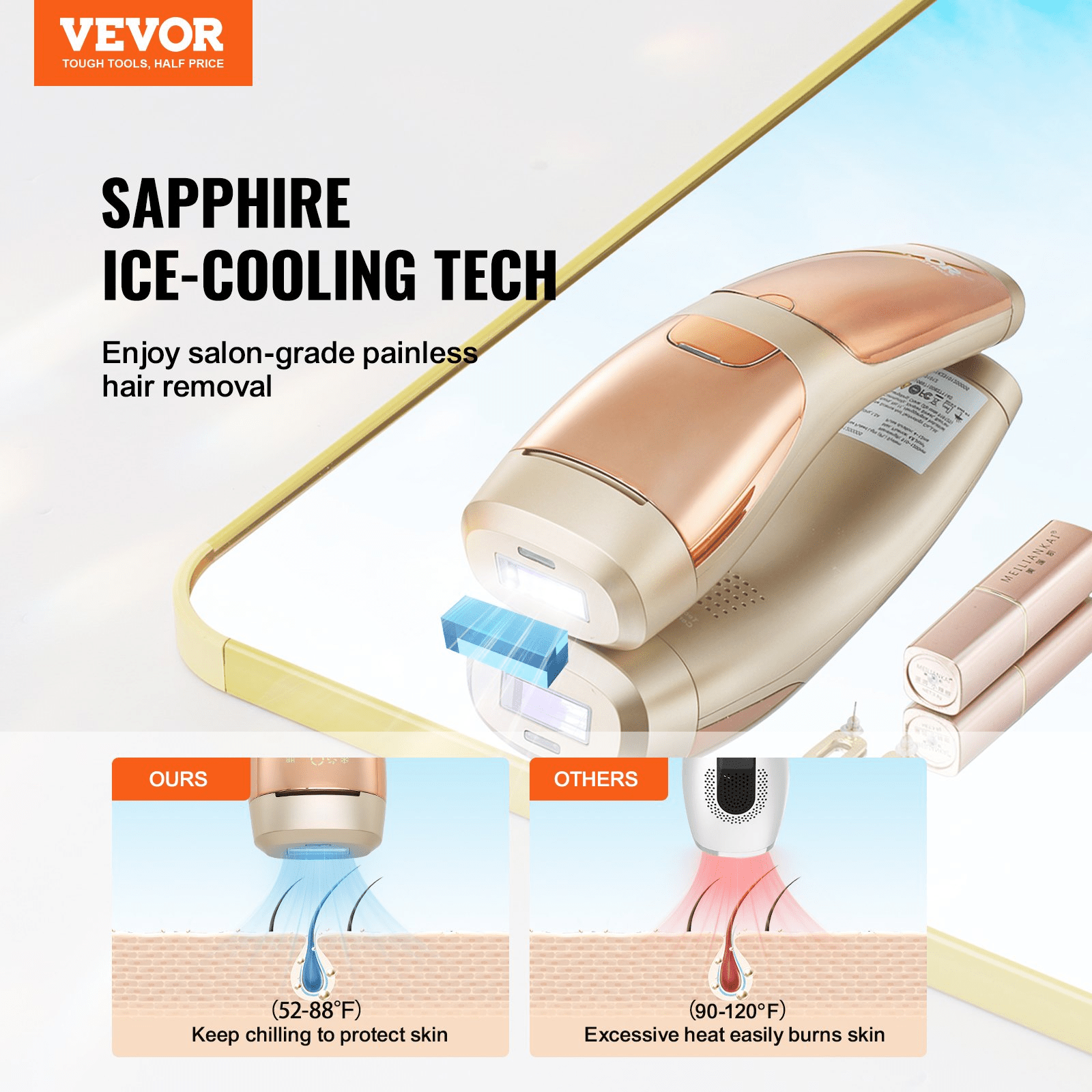 VEVOR IPL Hair Removal Device with Sapphire Ice Cooling, Auto/Manual Modes & 5 Levels for Body & Face