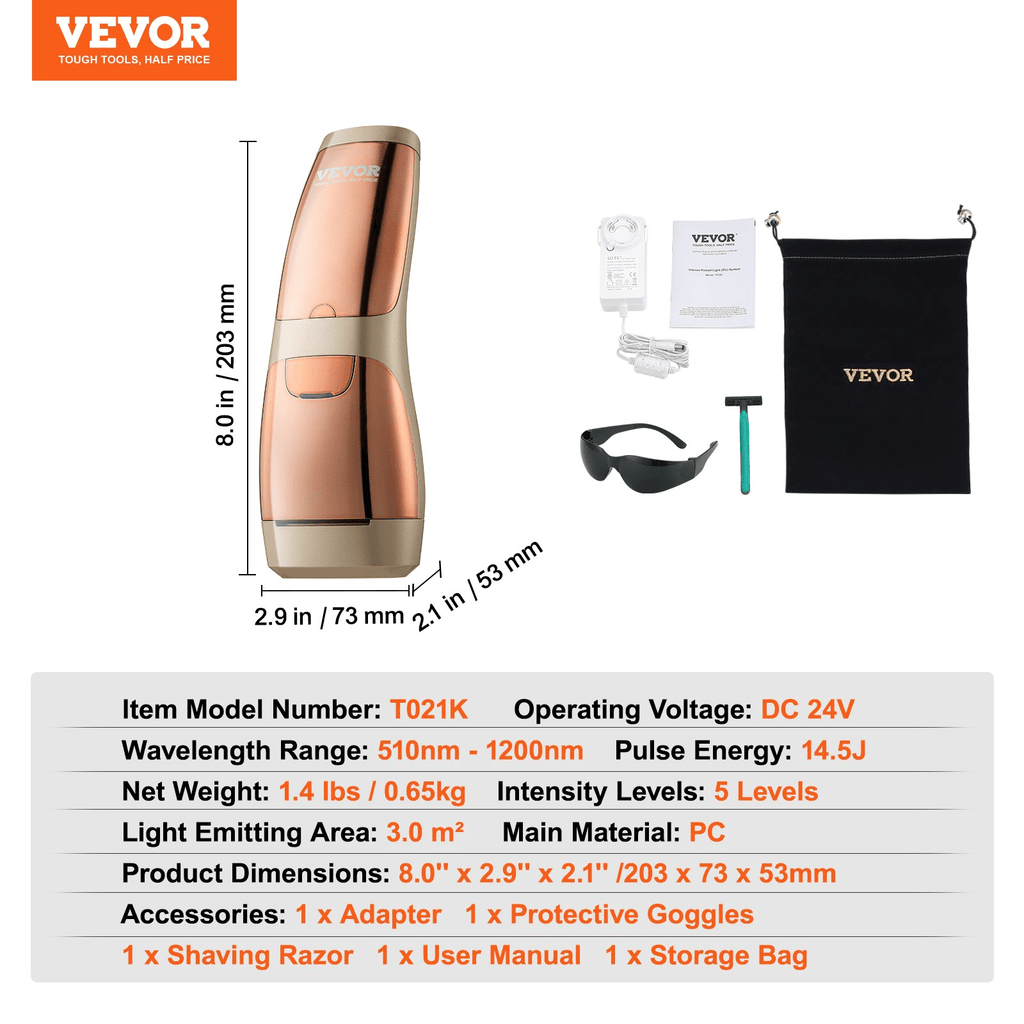 VEVOR IPL Hair Removal Device with Sapphire Ice Cooling, Auto/Manual Modes & 5 Levels for Body & Face