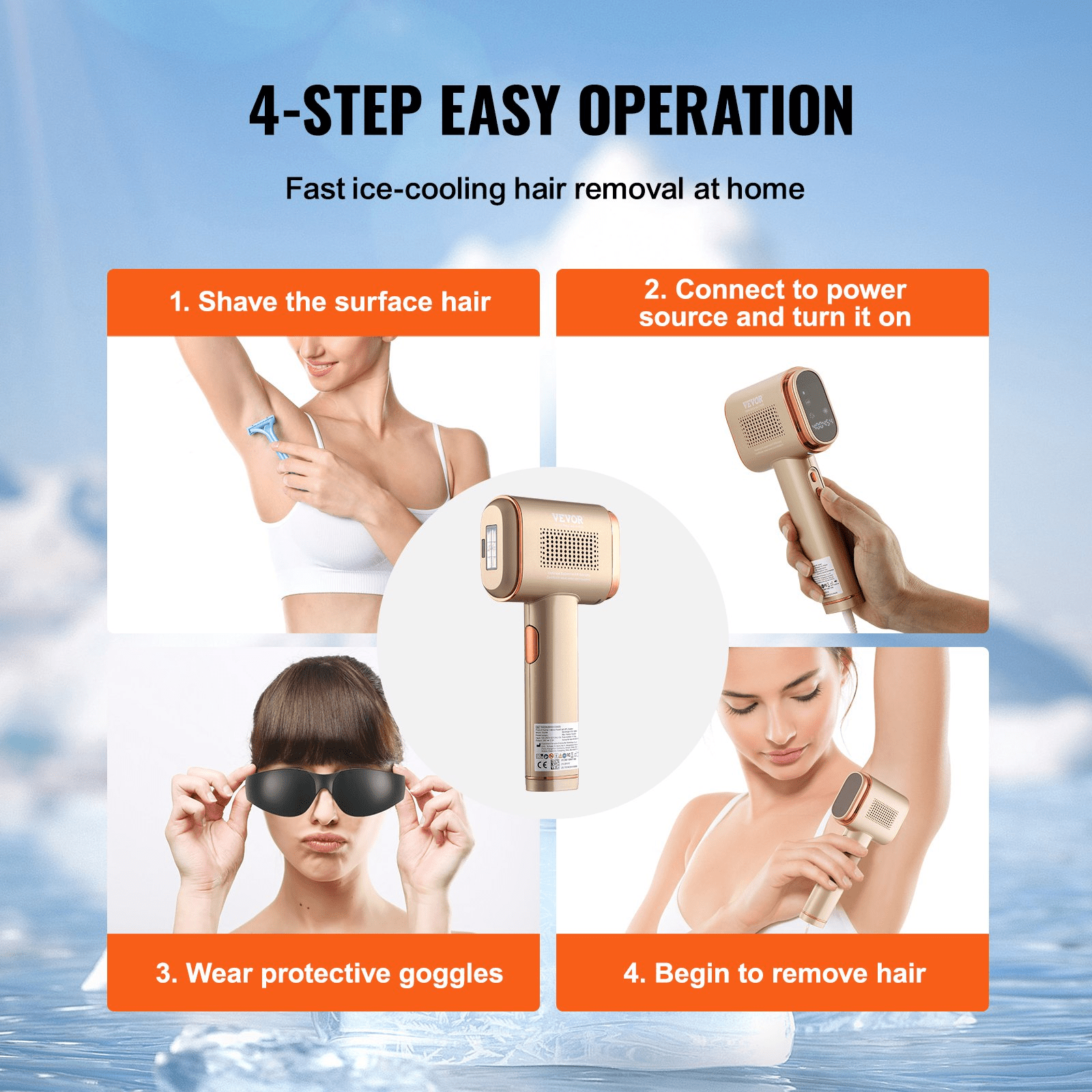 VEVOR IPL Hair Removal Device with Sapphire Ice Cooling, Auto/Manual Modes & 5 Levels for Body & Face