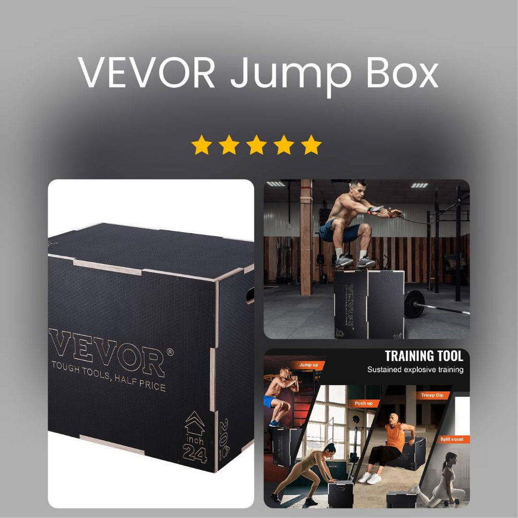 VEVOR Plyometric Jump Box 3-in-1 Wooden Plyo, 24/20/16"