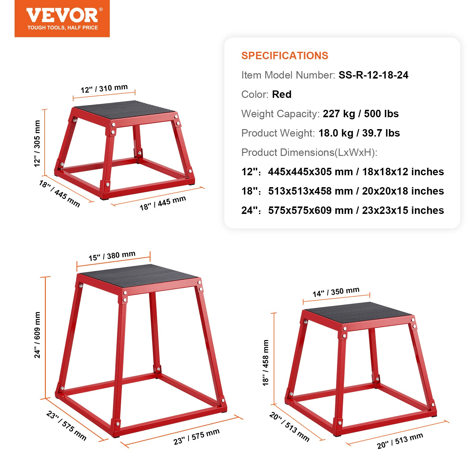 VEVOR Plyometric Jump Boxes Set, 3-Piece (12/18/24 in) for Agility & Strength