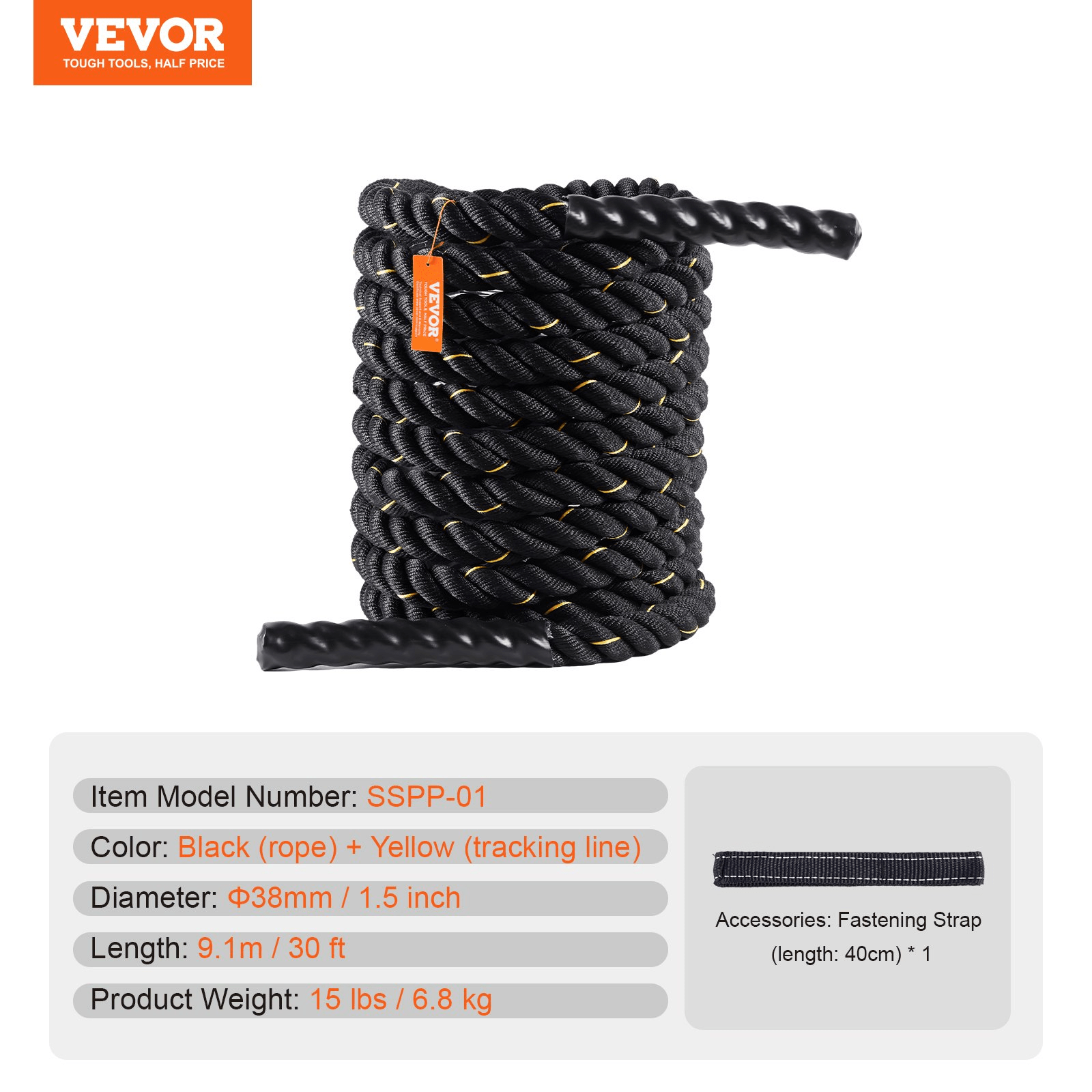 VEVOR Premium Battle Rope - 1.5" x 30ft for Home Gym & Strength Training