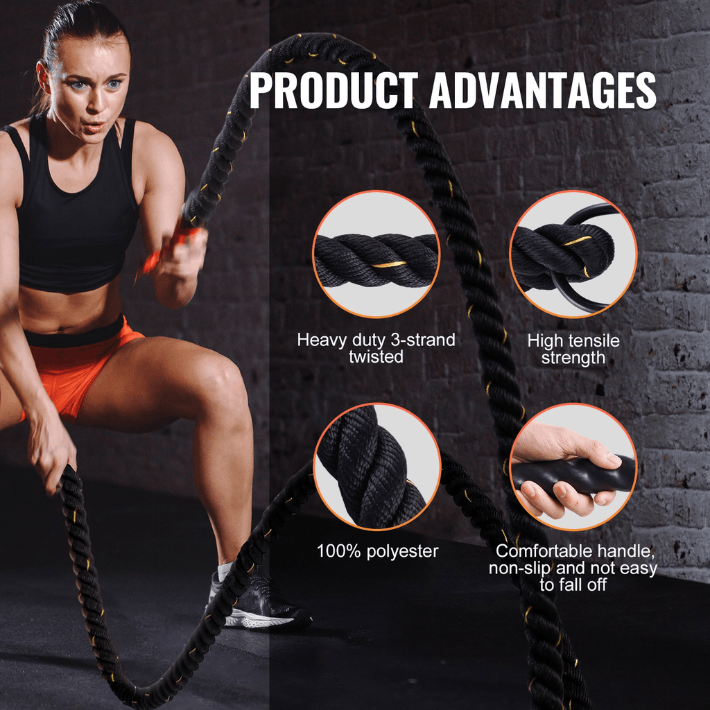 VEVOR Premium Battle Rope - 1.5" x 30ft for Home Gym & Strength Training