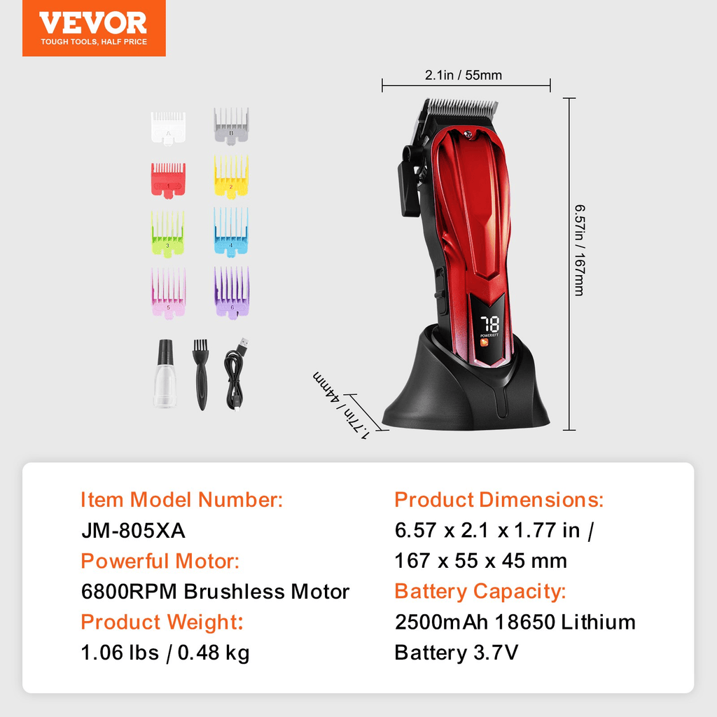 VEVOR Cordless Hair Clippers with Long Battery Life, 6800RPM Motor & LCD